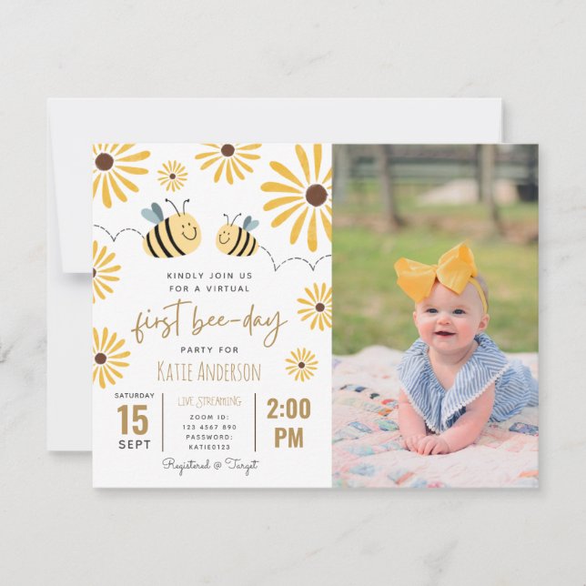 Yellow Bee Sunflower Virtual First Bee-day Photo Invitation (Front)