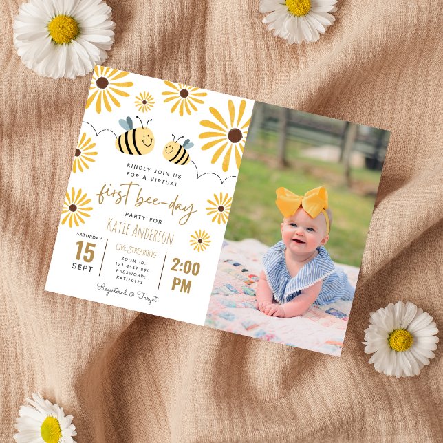 Yellow Bee Sunflower Virtual First Bee-day Photo Invitation Postcard (Creator Uploaded)