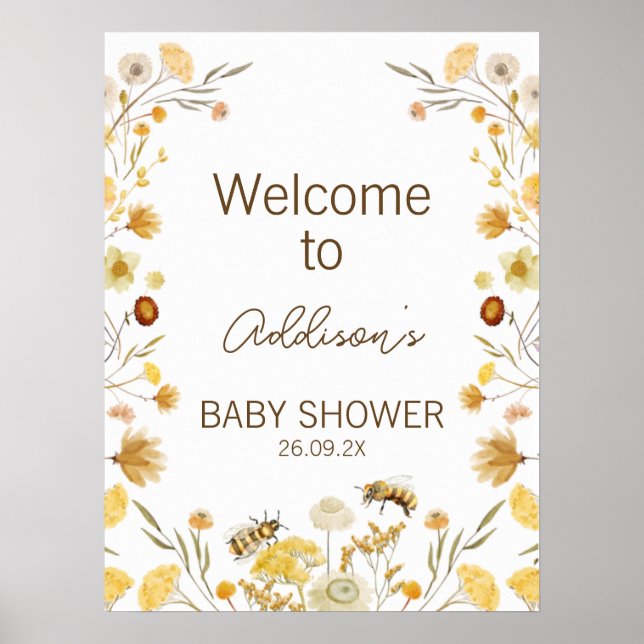 Yellow Bee Wildflowers Baby Shower Welcome Sign (Front)