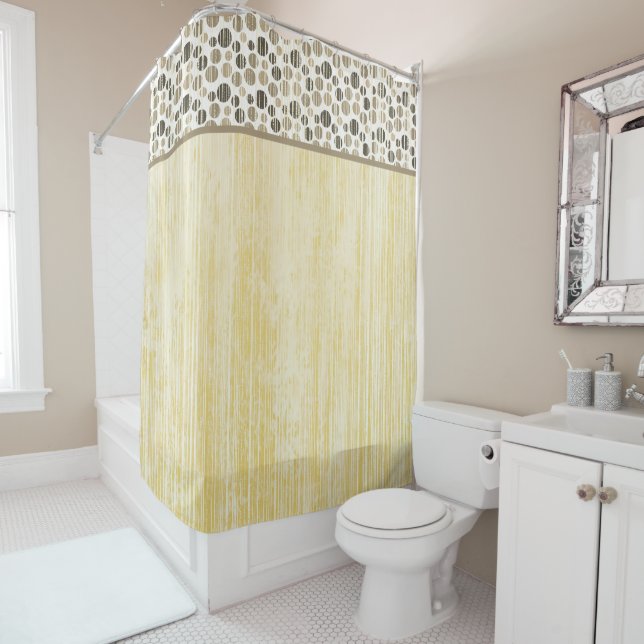Yellow, Beige, and Grey Modern Polka Dots Shower Curtain (In Situ)