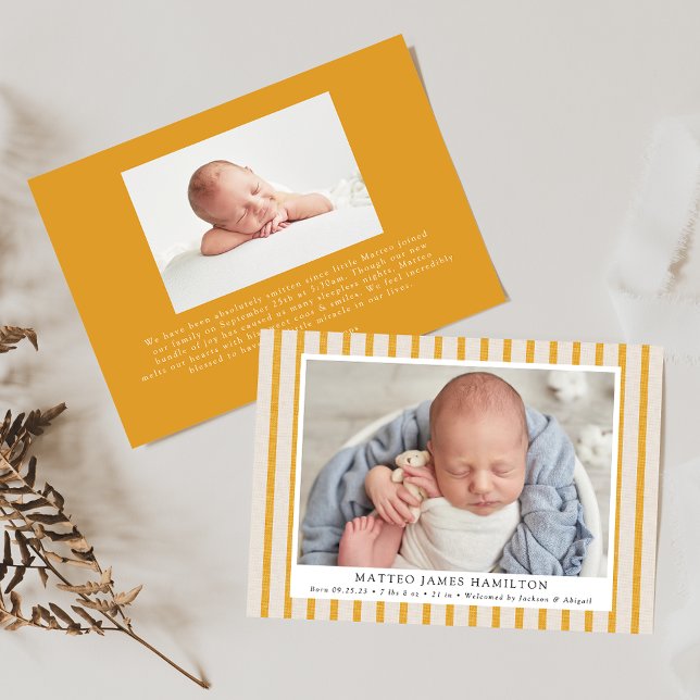 Yellow & Beige Farmhouse Linen Stripes Photo Birth Announcement (Creator Uploaded)