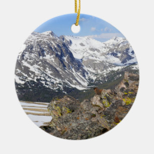 Yellow-Bellied Marmot Gazing at Rocky Mountains Ceramic Tree Decoration