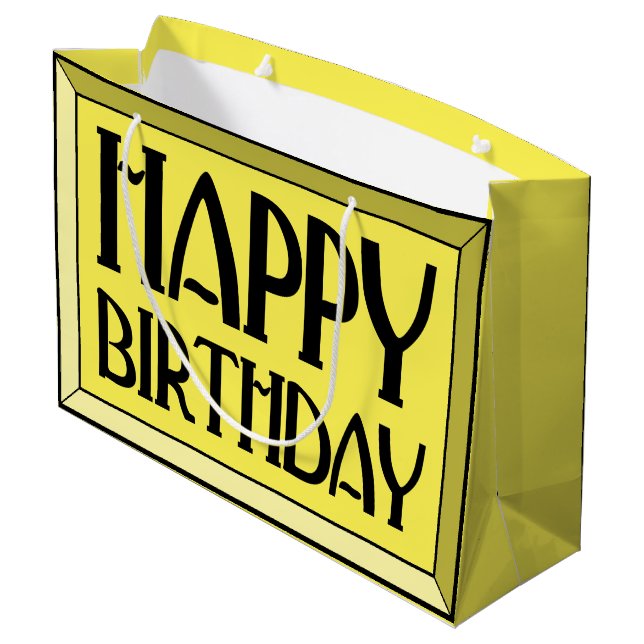 Yellow Beveled Happy Birthday Art Deco Large Gift Bag (Back Angled)
