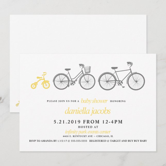 Yellow Bicycle Baby Shower Invitation (Front/Back)