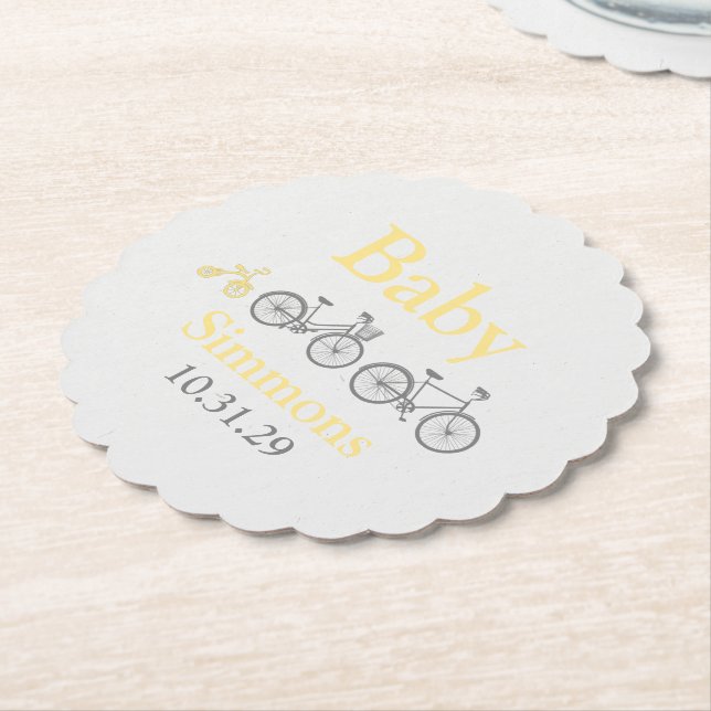 Yellow Bicycle Baby Shower Paper Coaster (Angled)