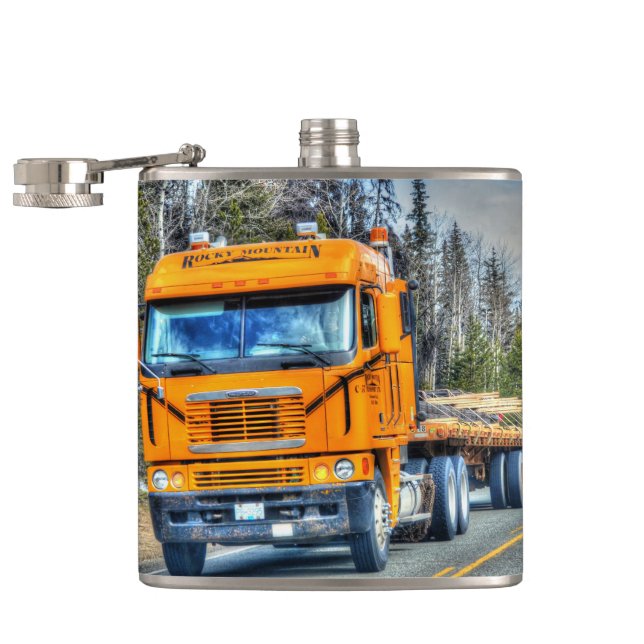 Yellow Big Rig Truckers Lorry Delivery Truck Hip Flask (Opened)