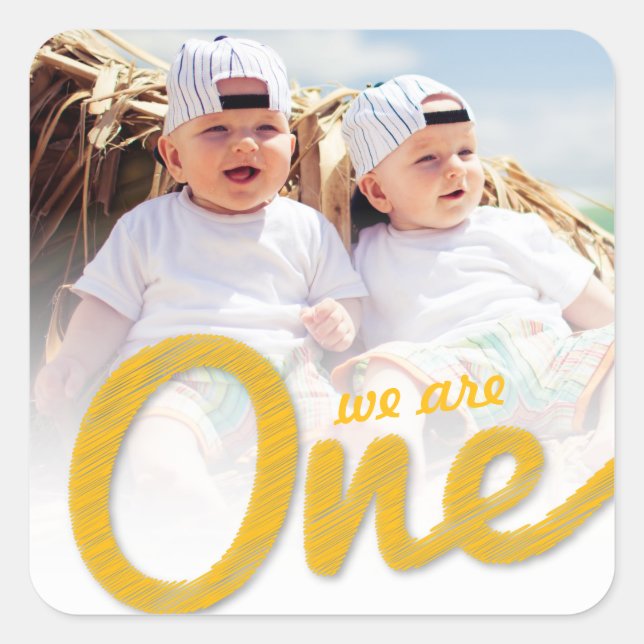 Yellow Big Sketch One Fun Twins 1st Birthday Photo Square Sticker (Front)