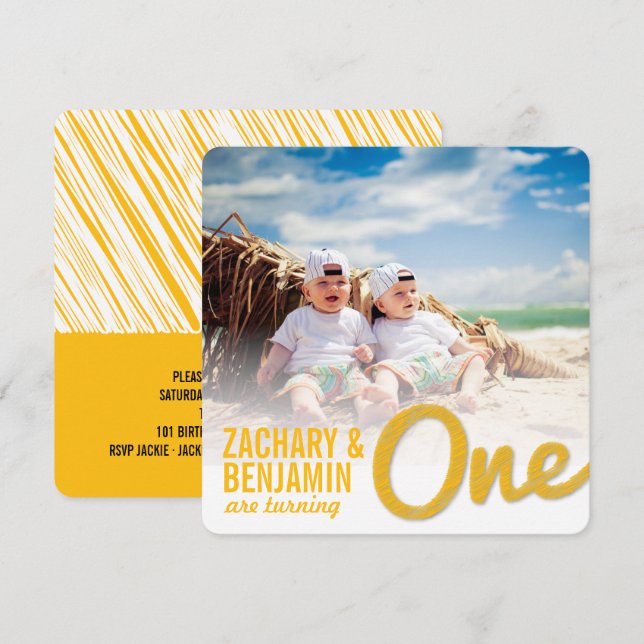 Yellow Big Sketch One Twin Baby 1st Birthday Party Invitation (Front/Back)