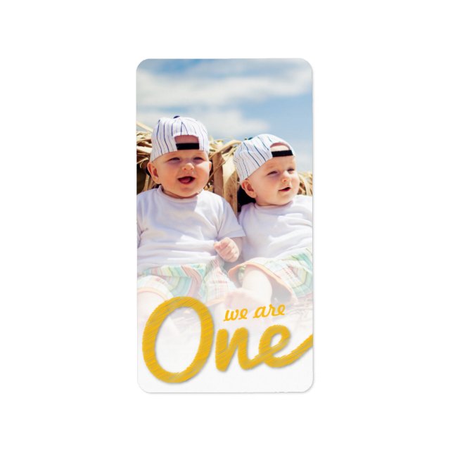 Yellow Big Sketch One Twins Kid 1st Birthday Photo Label (Front)