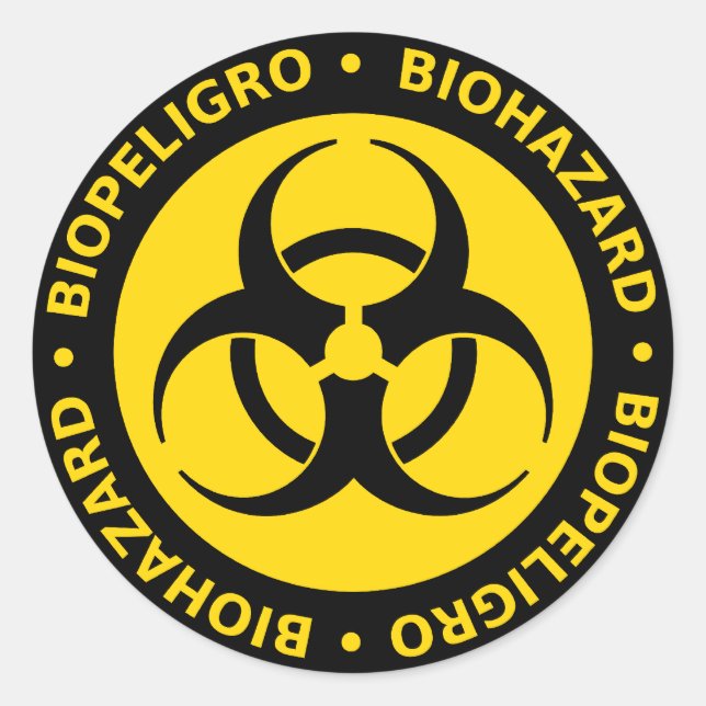 Yellow Bilingual Biohazard Warning Classic Round Sticker (Front)