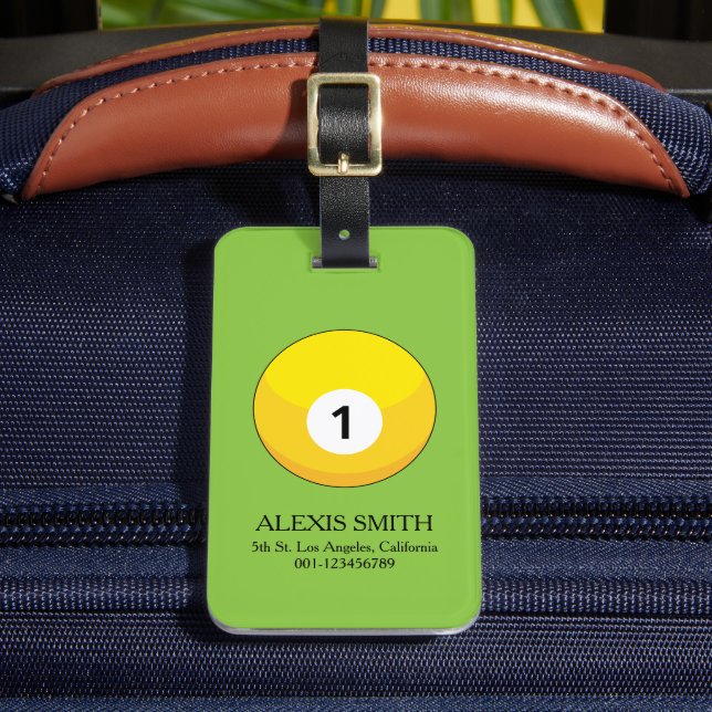 Yellow Billiard Ball Number One Personalise Luggage Tag (Front Insitu 2)