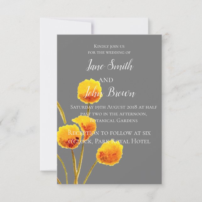 Yellow Billy Button watercolor art flower wedding Invitation (Front)