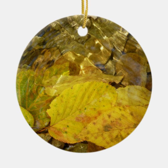 Yellow Birch Leaves in Stream Ceramic Tree Decoration (Front)