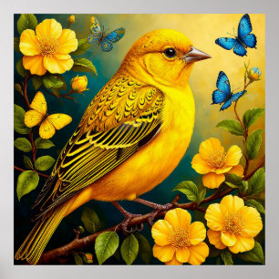 Yellow Bird Blossom Art For Bright Cheerful Home  Poster