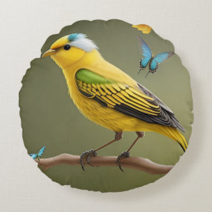 🦋 Yellow Bird Butterfly Garden Gift Round Cushion