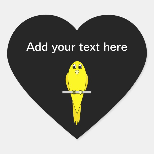 Yellow Bird. Canary. On Black. Heart Sticker (Front)