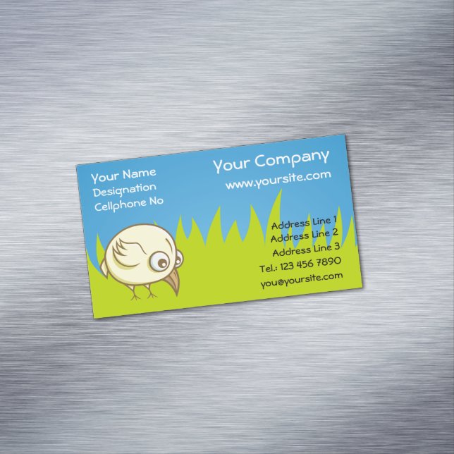 Yellow bird cartoon business card magnet (In Situ)