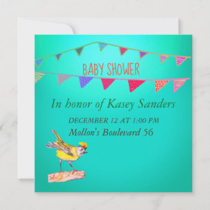 Yellow Bird Flags Blue Baby Shower Invitation