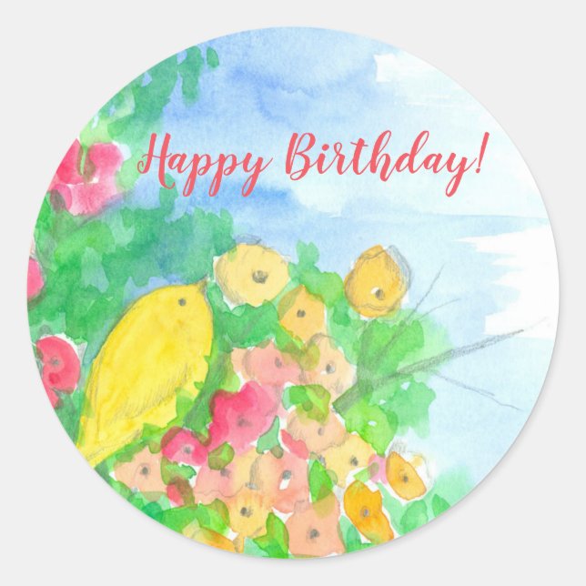 Yellow Bird Flowers Happy Birthday Custom Classic Round Sticker (Front)
