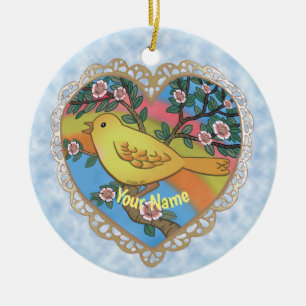 Yellow Bird Heart custom name Ceramic Tree Decoration