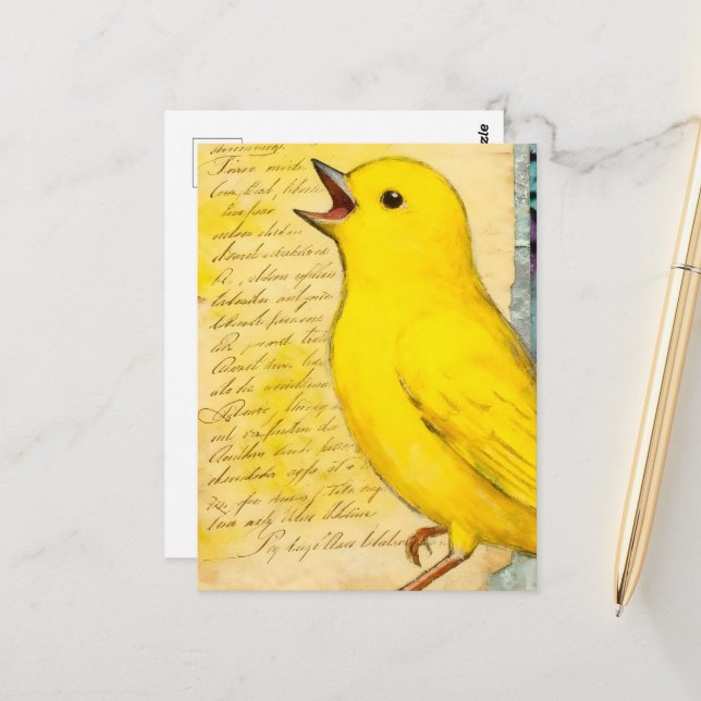 Yellow Bird Mixed Media Postcard (Front/Back In Situ)