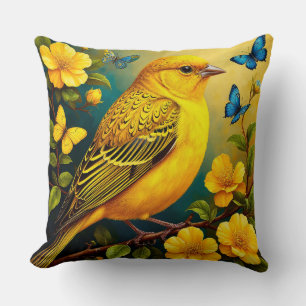 Yellow Bird Perched Among Bright Blossoms Cushion