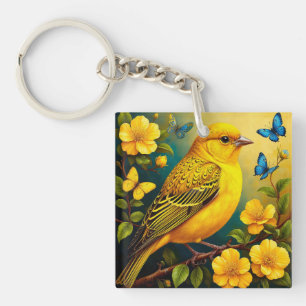 Yellow Bird Perched Among Bright Blossoms Key Ring