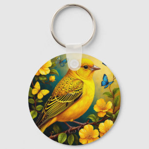 Yellow Bird Perched Among Bright Blossoms Key Ring