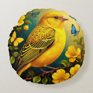 Yellow Bird Perched Among Bright Blossoms Round Cushion