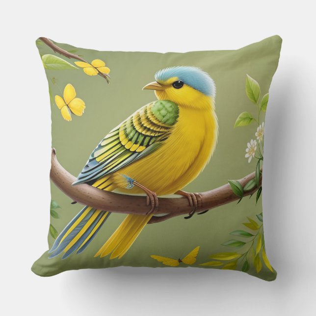 🐦 Yellow Bird Throw Pillow Botanical Nature Decor (Front)