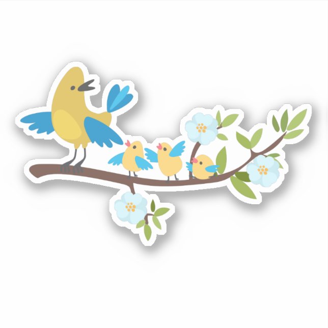 Yellow bird with chicks on a flowering branch (Front)