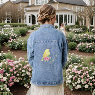 Yellow Bird with Pink Blossoms – Watercolor Art Denim Jacket