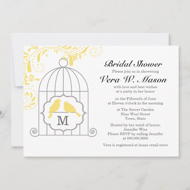 Yellow Birdcage With Love Birds Bridal Shower Invi Invitation (Front)