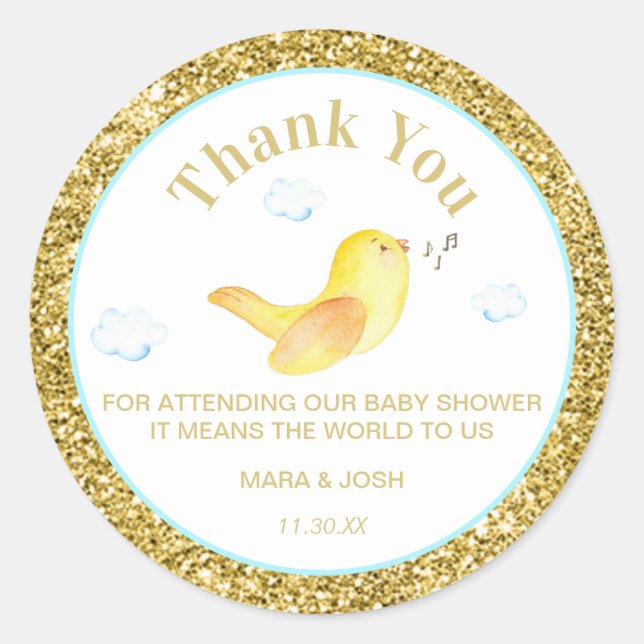 *~* Yellow Birdie Clouds Sky Baby Shower Thank You Classic Round Sticker (Front)
