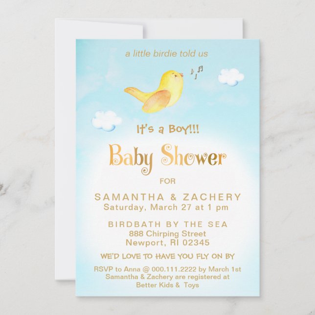 *~* Yellow Birdie Sky Cloud Baby Shower Invitation (Front)