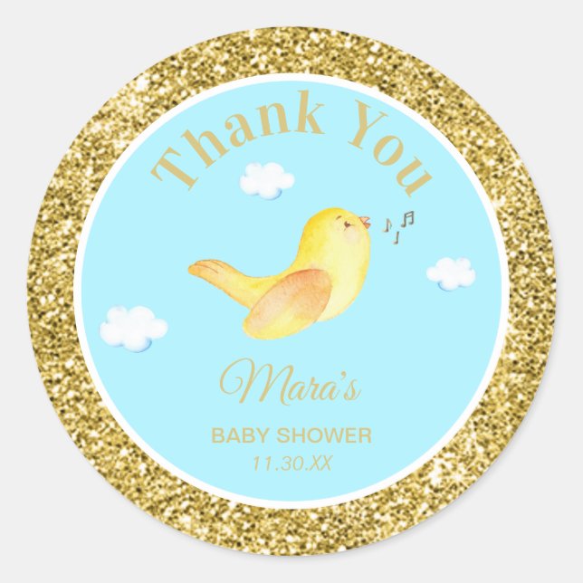 *~* Yellow Birdie Sky Cloud Baby Shower Thank You Classic Round Sticker (Front)