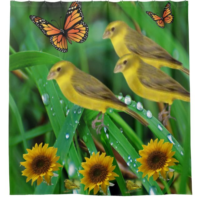 yellow birds green butterflies shower curtain (Front)