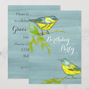 Yellow Birds Grey Birthday Party Invitation