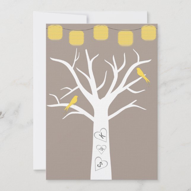 Yellow Birds In A Tree and Paper Lanterns Wedding Invitation (Front)