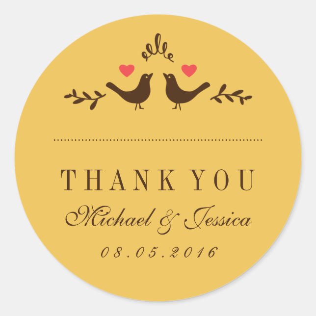 Yellow Birds Small Heart Wedding Thank You Sticker (Front)