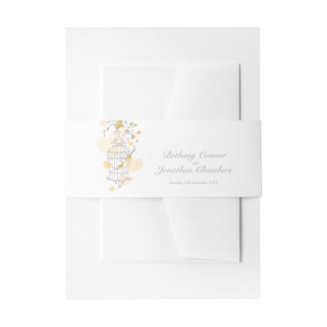 Yellow birds spring open cage wedding invitation belly band (Front Example)