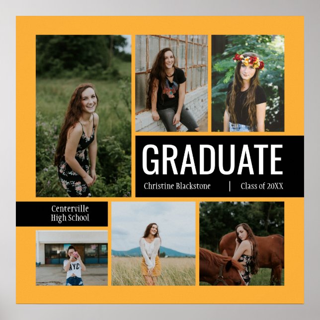 Yellow & Black 6 Photo Graduation Poster (Front)