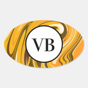 Yellow Black acrylic pour marble add name monogram Oval Sticker