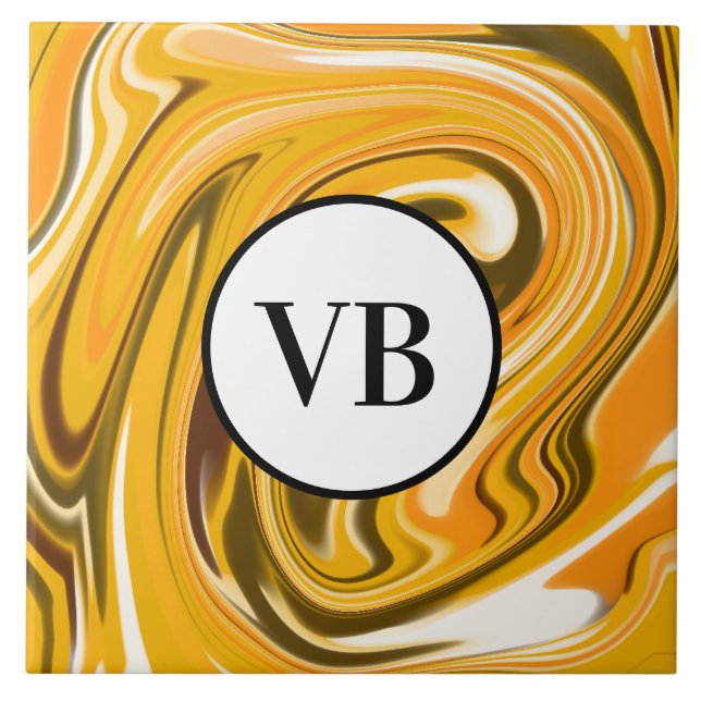 Yellow Black acrylic pour marble add name monogram Tile (Front)