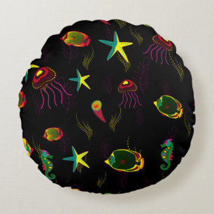 Yellow, black and brown fish seamless pattern. abs round cushion