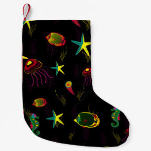 Yellow, black and brown fish seamless pattern. abs small christmas stocking