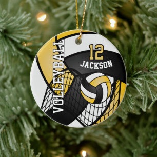 Yellow, Black and White Personalize Volleyball  Ceramic Tree Decoration