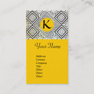YELLOW BLACK AND WHITE ROMAN EAGLE DAMASK MONOGRAM BUSINESS CARD