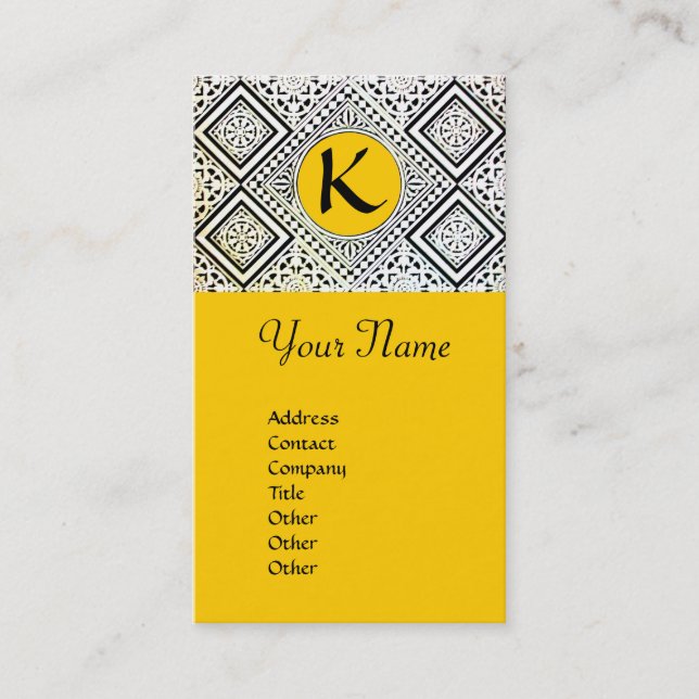 YELLOW BLACK AND WHITE ROMAN EAGLE DAMASK MONOGRAM BUSINESS CARD (Front)