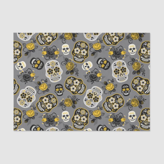 Yellow black and white sugar skulls pattern tissue paper (Front)